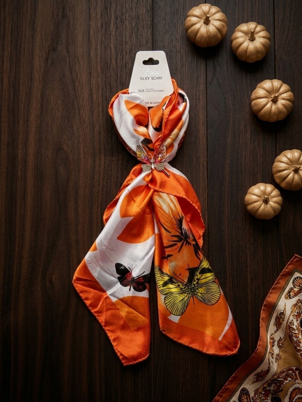 Ella Silky Scarf Twilly with Butterfly Brooch & Ring Accent (Choose Color)